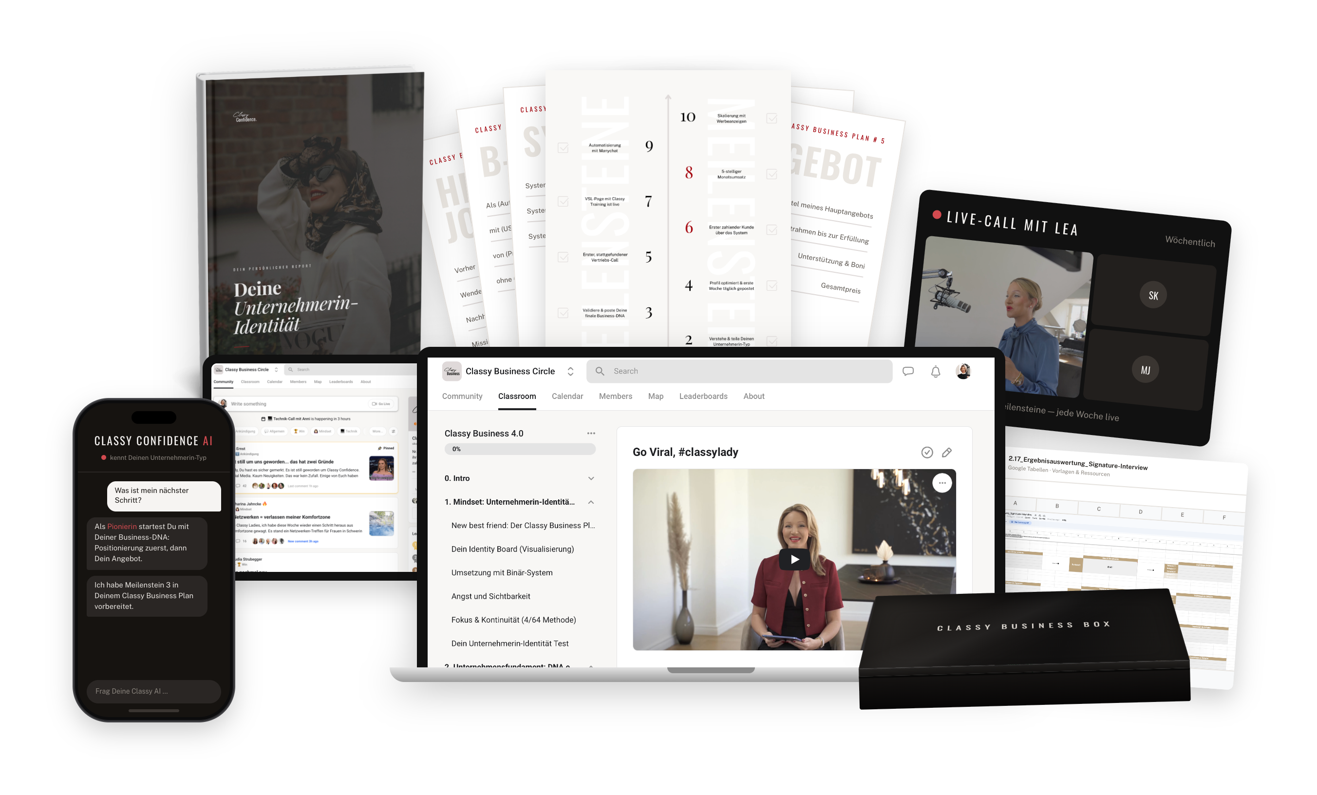 Alles aus Classy Business auf einen Blick: Live-Call mit Lea, Community und Classroom, Dein persönlicher Unternehmerin-Identität-Report, der Classy Business Plan, die Classy Confidence KI und die Classy Business Box