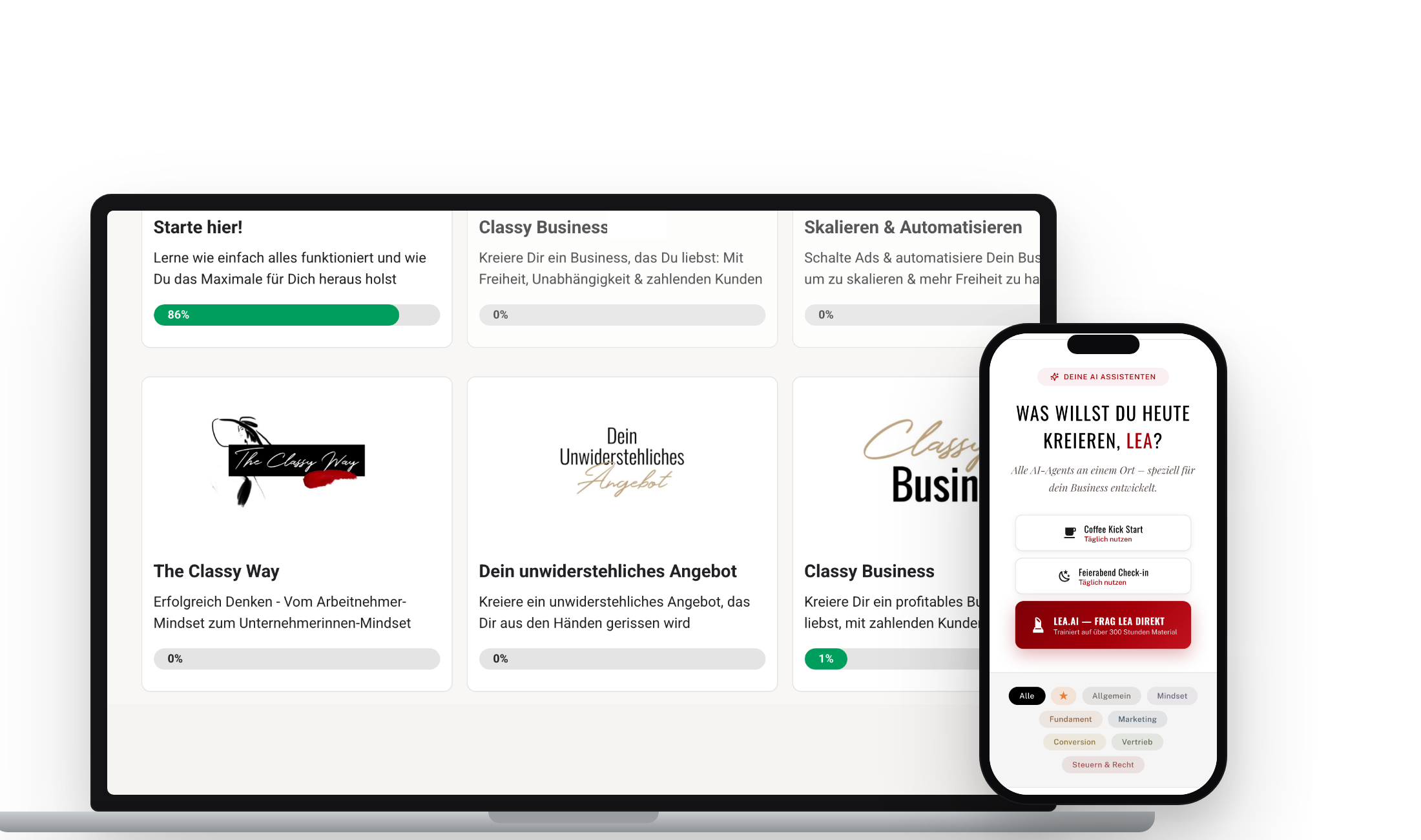 Das Classy-Business-Programm auf einem MacBook mit den Kursen und auf einem iPhone mit dem persönlichen Portal