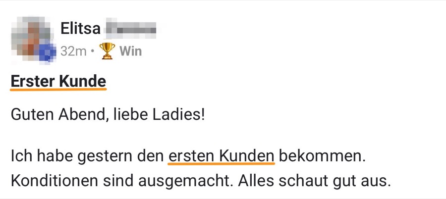 Screenshot: der erste Kunde gewonnen