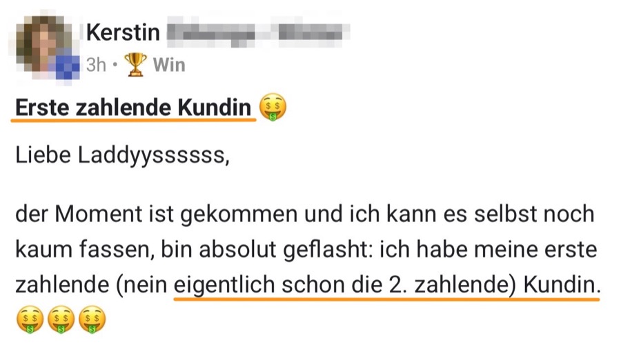 Ergebnis einer Kundin: erste zahlende Kundin gewonnen