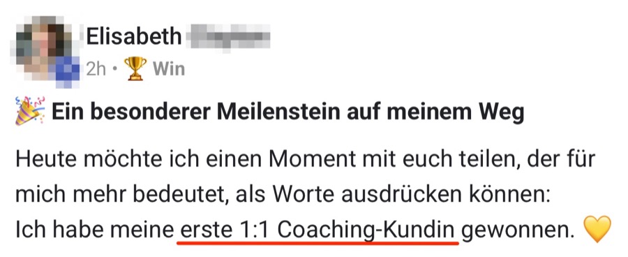 Screenshot: erste 1:1-Coaching-Kundin