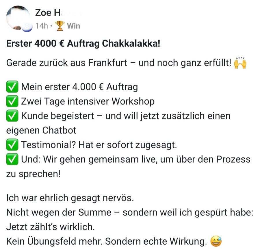 Ergebnis einer Kundin: erster Auftrag über 4.000 Euro