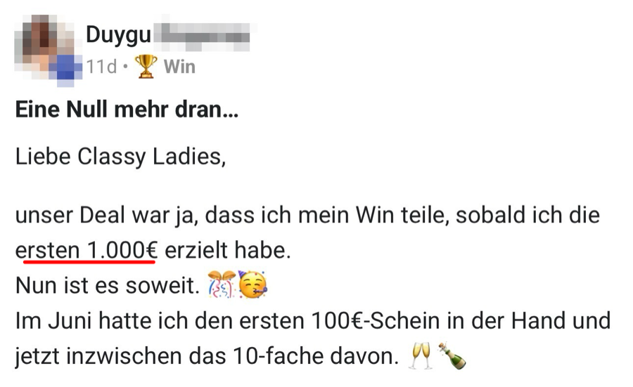 Ergebnis einer Kundin: erste 1.000 Euro verdient