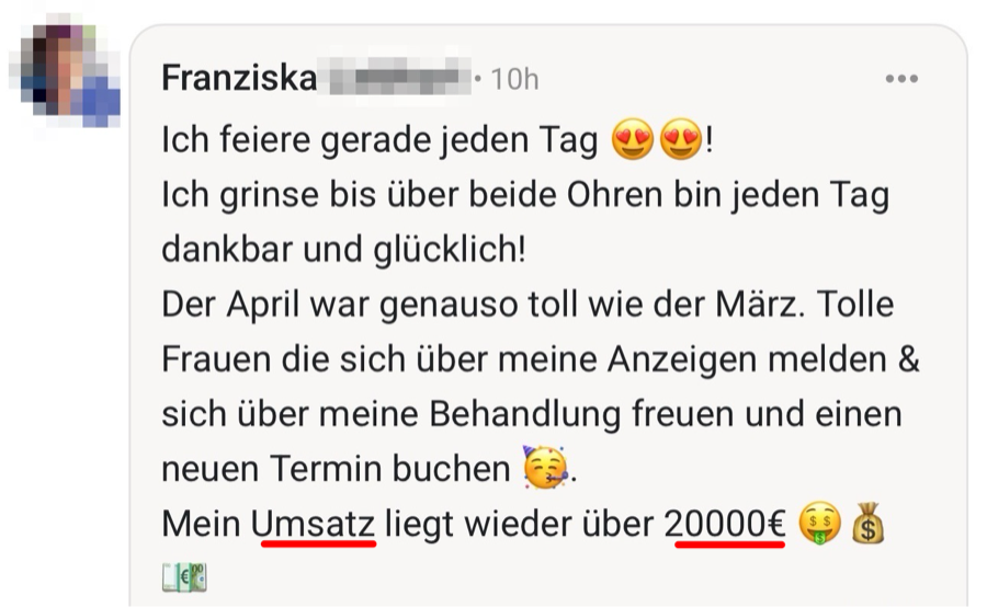 Ergebnis einer Kundin: über 20.000 Euro Umsatz