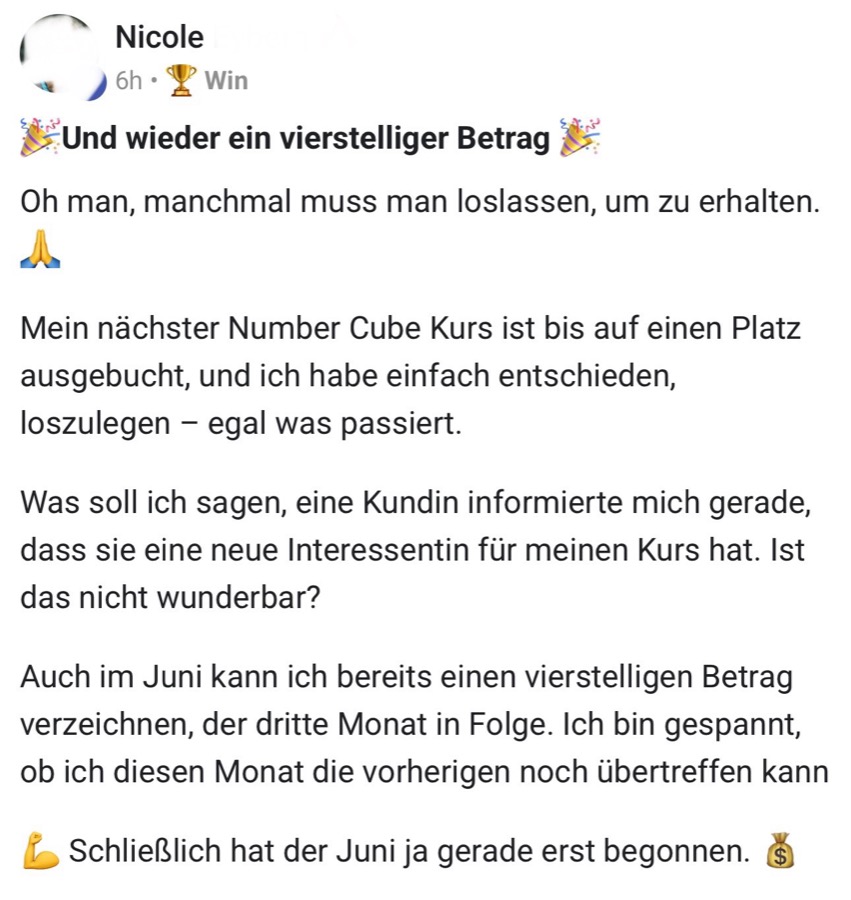 Ergebnis einer Kundin: vierstelliger Umsatz, Kurs ausgebucht