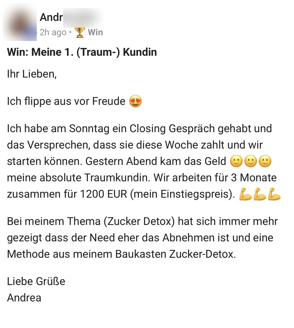 Screenshot: die erste Traumkundin für 1.200 Euro