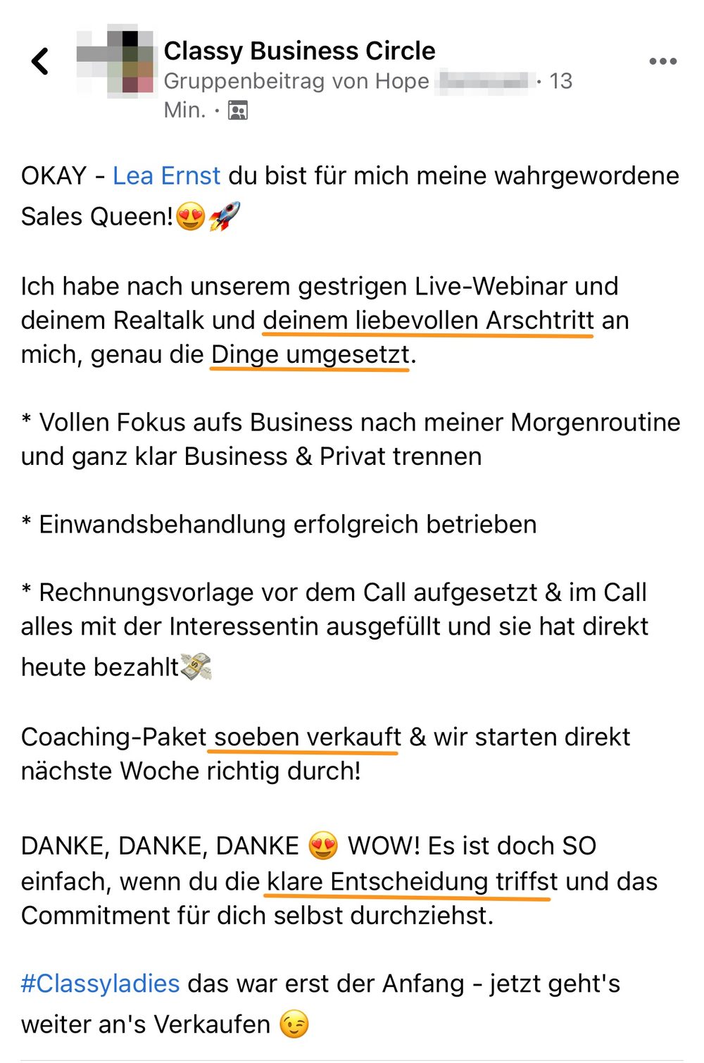 Screenshot: Coaching-Paket verkauft, Kundin hat direkt bezahlt